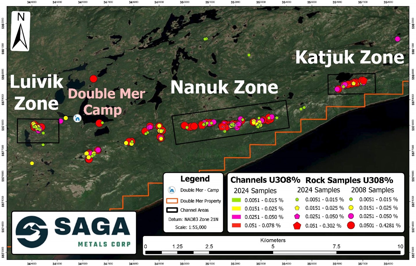 2024 channel and rock sample locations across the 18km strike at Double Mer